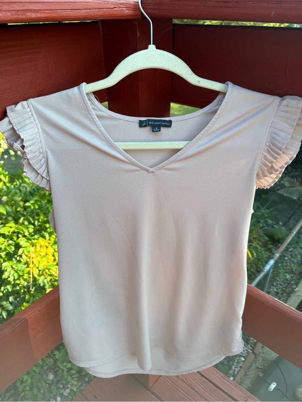 Adrianna Papell Blush Pink Pleated Ruffle Sleeve V-Neck Blouse S